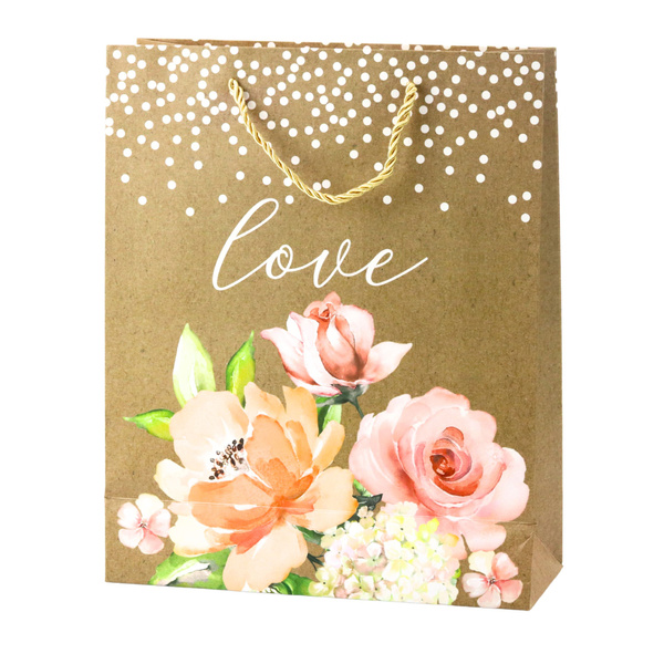 Torba Prezentowa Napis Love Kwiaty Brokat 32 x 26 x 10 cm