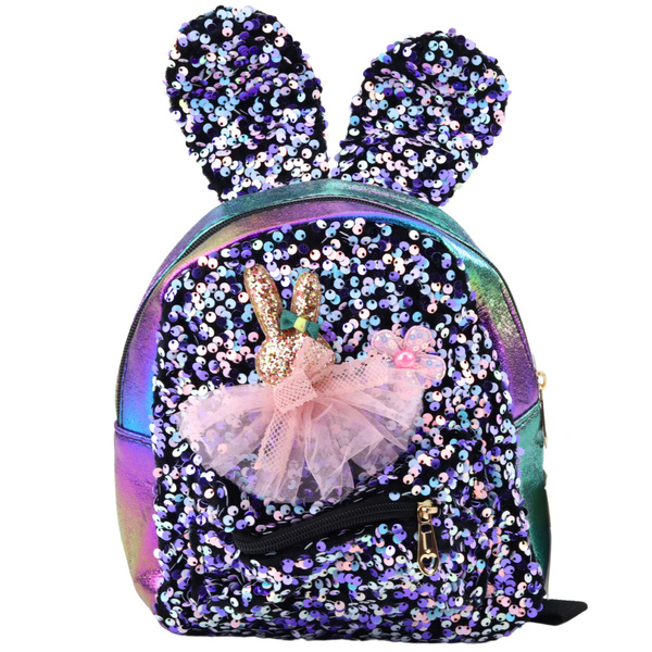 Children's Backpack Sequins Rabbit Ears Dark Colorful 22cm 4.4L