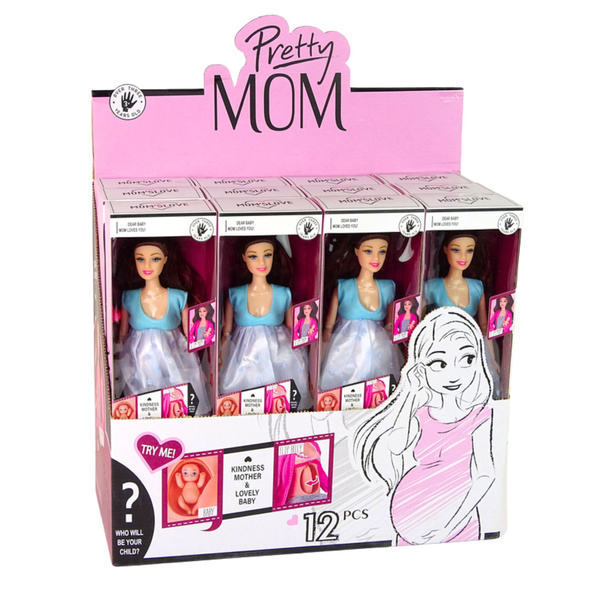 Pregnant Mom Baby Doll Opening Belly Blue Dress 30 cm