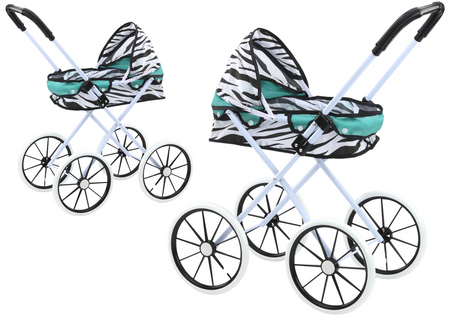 Doll Stroller Large Wheels Foldable Zebra Turquoise