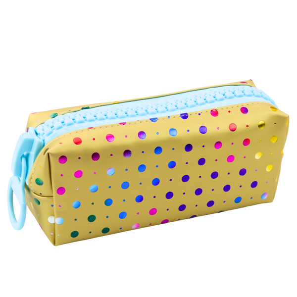 School Pencil Case Organizer Colorful Dots Large Zipper Gold 21x8cm
