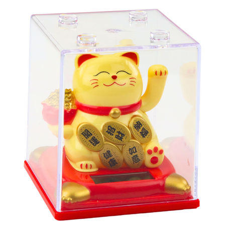 Chinesische Glückskatze in Vitrine Solarfigur Ornament Beige