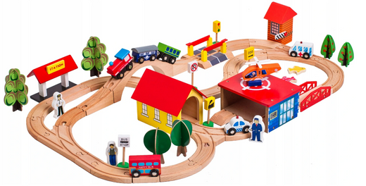 Wooden Train Track Cars Trees Buildings