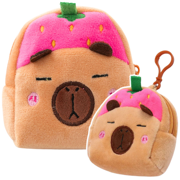 Plush Wallet with Keychain Capybara Strawberry Pink 9.5 x 8 cm