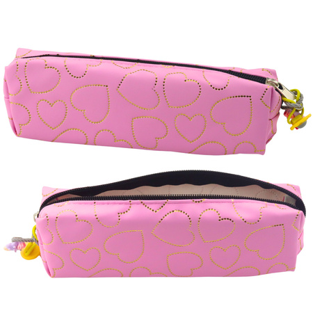 School Office Pencil Case, Single Compartment, Golden Hearts, Pink, 20x6.5 cm