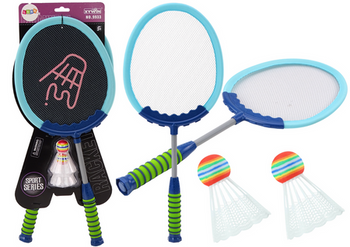 Set mit 2 Badmintonschlägern, blauen Badminton-Federbällen