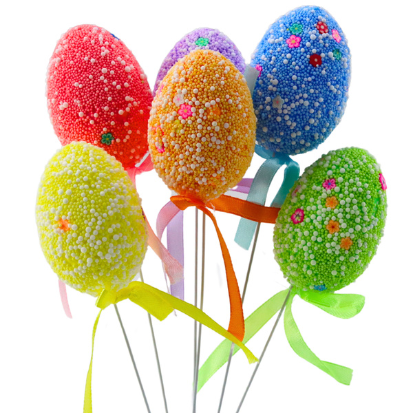Easter Eggs On A Wire Pick Colorful White Patterns Ribbon Decoration 6pcs