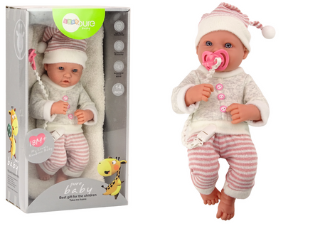 Baby doll, sweater, striped hat, pink pacifier