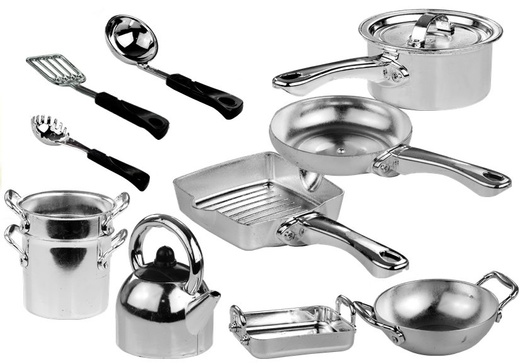 Set of Kitchen Accessories Pots Cutlery Food