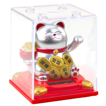 Chinese Lucky Cat In Display Case Solar Figurine Ornament Silver