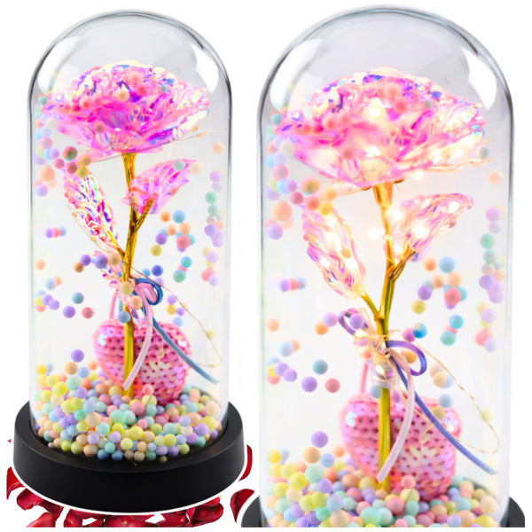 Eternal Rose in Dome with LED Lighting Pink with Heart and Balls