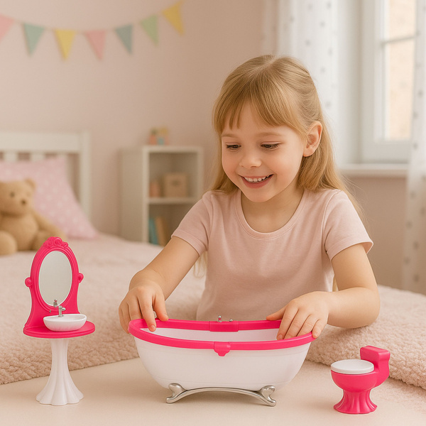 Doll's Bathroom Set: Bathtub, Toilet, Washbasin with Mirror