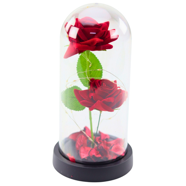 Ewige 2 Rosen in einer Kuppel mit LED-Beleuchtung und roten Rosenblättern 21x11cm