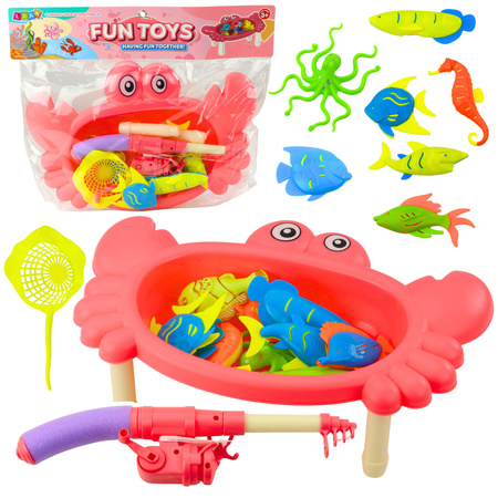 Angelset: Krabbentisch, 10 Fische, Angelrute, Sieb, rosa