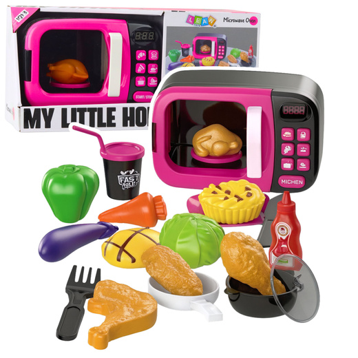 Microwave Toy For Kids Food 360 Rotation Lights Sounds Pink