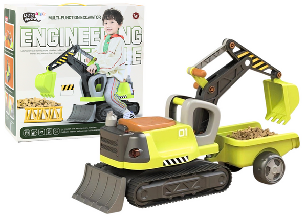 Ride-on Multifunctional Excavator With Trailer Lights Sound Smoke Green