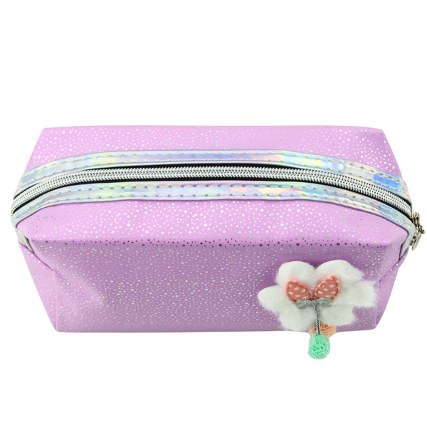 Pencil Case Cosmetic Bag Bow Shimmering Particles Purple