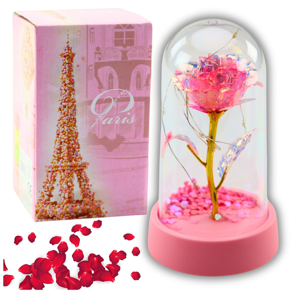 Eternal Crystal Rose in Dome with LED Lighting Pink 14x8cm