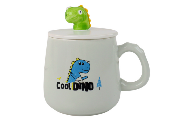 Dinosaur Blue Ceramic Mug, Lid, Spoon, 350ml