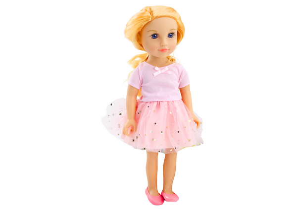 Puppe in einem Kleid mit Tüll, rosa, blondes Haar,