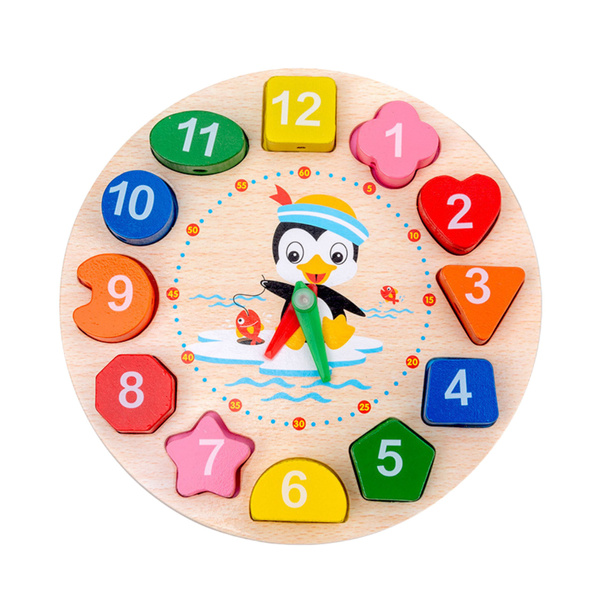 Wooden Montessori Educational Clock Learning the Hours Threading Blocks