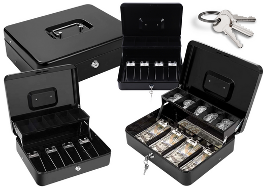 Banknotenbox aus schwarzem Metall, Münzen mit Schlüssel