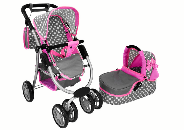 Baby Doll Stroller 2-in-1 Carrycot Bag Pink Stars