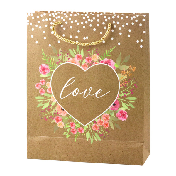 Gift Bag Love Inscription Flowers Glitter 32 x 26 x 10 cm
