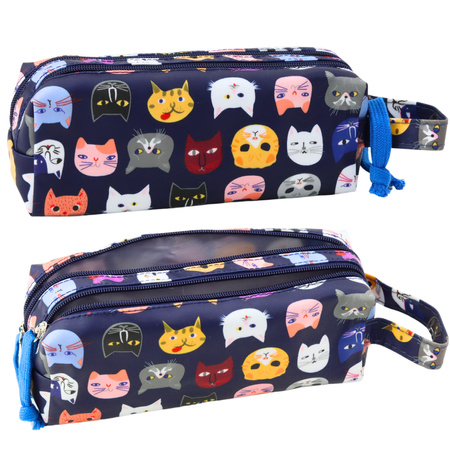 School Pencil Case Colorful Cats Two Pockets Navy Blue 22cm