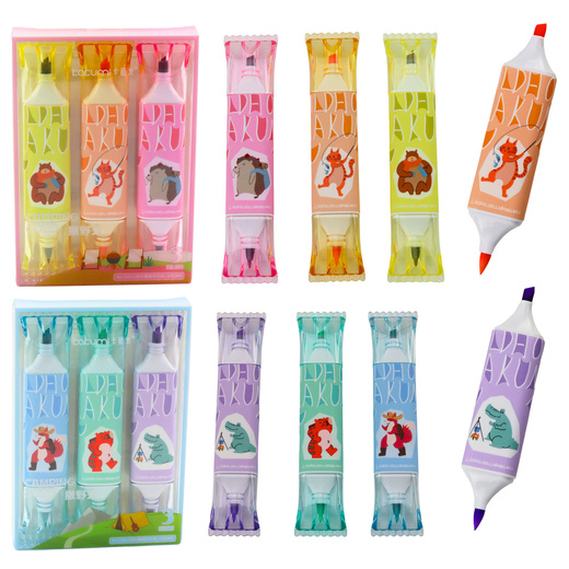 Highlighter Set Pink Blue Animal Motif Two Tips 3pcs