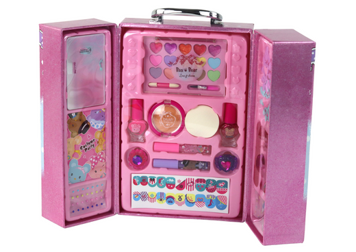 Schönheits-Make-up und Nagelset in einem rosa Koffer