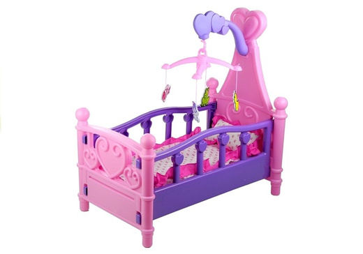 Large Doll's Bed with Mobile and Bedding, Pink and Purple, 48cm