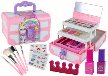 Set of beauty cosmetics for make-up doing nails in a pink case