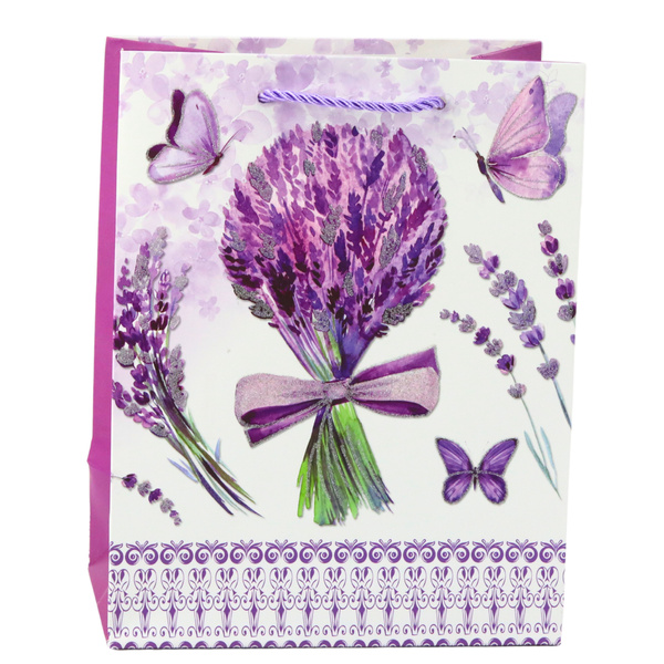 Geschenktüte aus Papier mit Lavendel-Glitzerelementen, 23 x 18 x 10,5 cm
