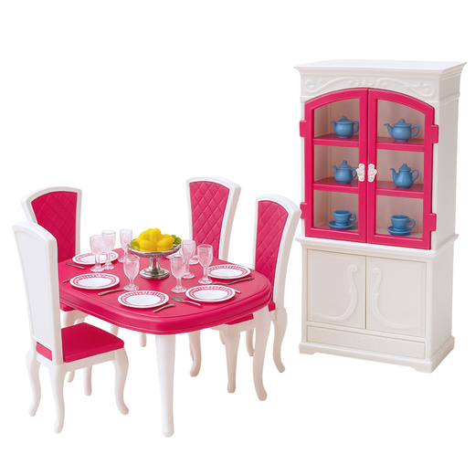 Puppen-Essgruppe: Tisch, Stühle, Anrichte, Geschirr