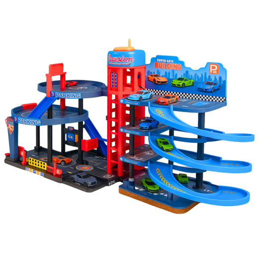 Parking Lot with Cars, 4 Level Track, 8 Metal Vehicles, Stickers