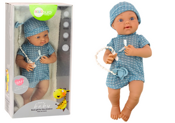 Baby doll in blue clothes, hat, pacifier, and blanket
