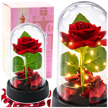 Ewige Rose in einer Kuppel mit LED-Beleuchtung Rot mit Rosenblättern 14x8cm