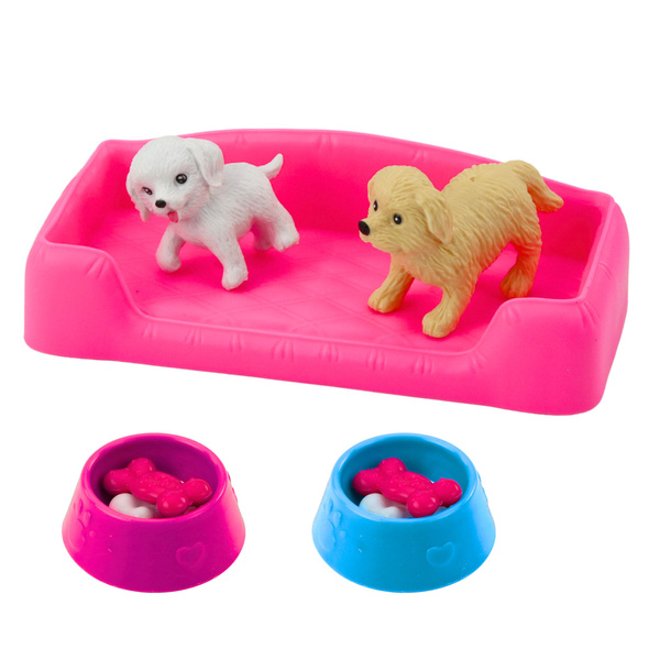 Mini-Puppenset mit zwei Hunden, Bett, Futternapf