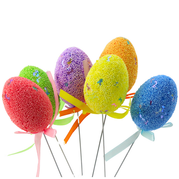 Easter Eggs on Wire Pick Colorful Notes Ribbon Decoration 6pcs