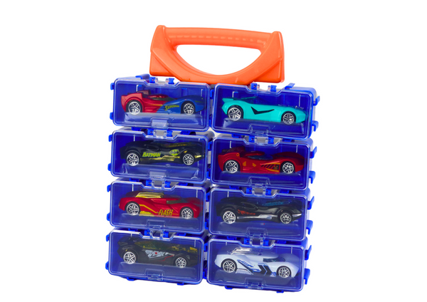 A set of cars with springs in a metal suitcase, 8 pieces