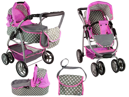 Baby Doll Stroller 2-in-1 Carrycot Bag Pink Stars