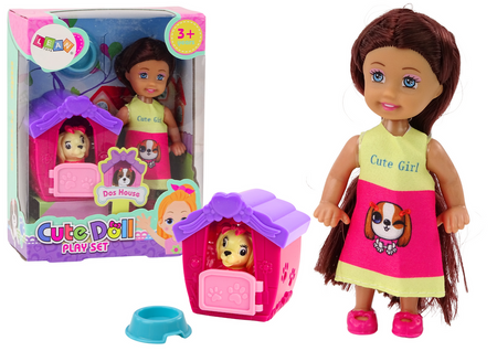 Mini-Puppe, langes Haar, buntes Kleid, Hund, Buda