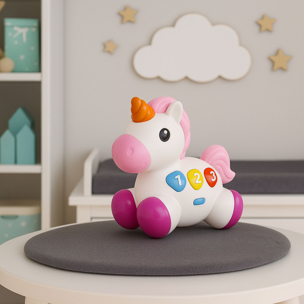 Interaktives Spielzeug für Kleinkinder: Einhorn auf Rädern mit Licht und Geräuschen