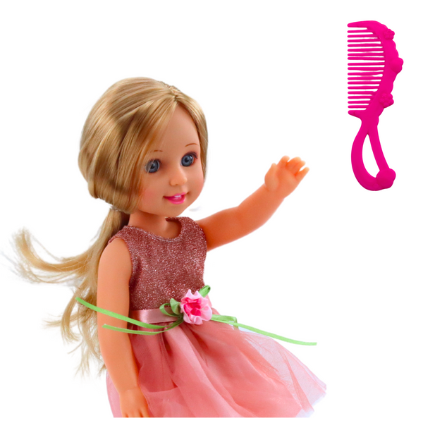 Puppe in einem Kleid mit Schleife, langen Haaren, rosa Kamm, 38 cm