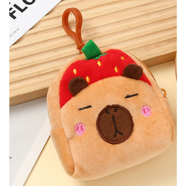 Plüschgeldbörse mit Schlüsselanhänger, Capybara-Motiv, Erdbeerrot, 9,5 x 8 cm