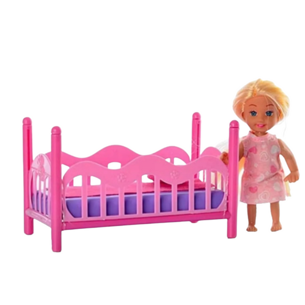 Mini Doll in Pajamas Set Pink Bed