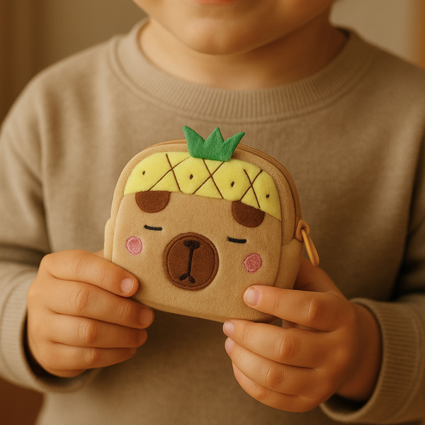 Plush Wallet with Keychain Capybara Pineapple Yellow 9.5 x 8 cm