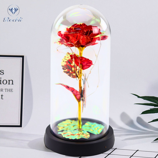 Eternal Rose In Glass Crystal LED Lighting Butterfly Red 21x11cm