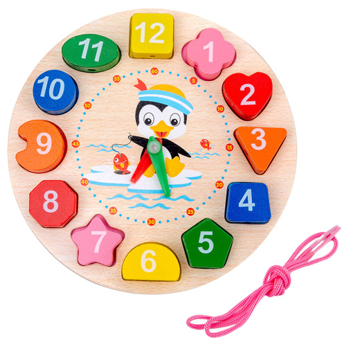 Wooden Montessori Educational Clock Learning the Hours Threading Blocks
